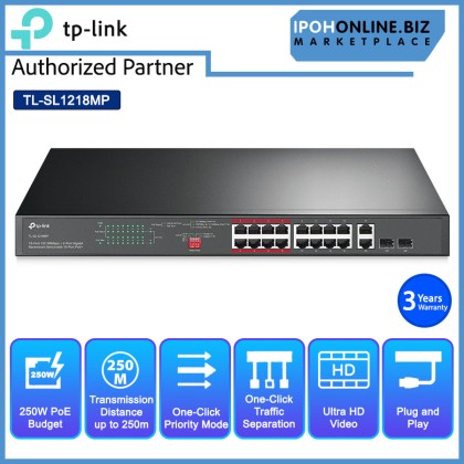 Tp-Link TL-SL1218MP 16 Port 10/100Mbps + 2 Port Gigabit Rackmount Switch with 16 Port PoE+ with Transmission for Surveillance up to 250m